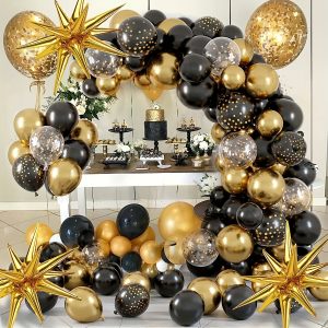 Black And Gold Balloons Garland Arch Kit, 75pcs Black Gold Confetti Balloons Arch For Birthday Party Decorations Retirement Graduation Halloween Anniversary