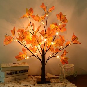 LED Battery Operated Artificial Maple Tree Table Lights for Thanksgiving, Autumn Harvest Decor, Indoor/Outdoor Wedding Party Gifts