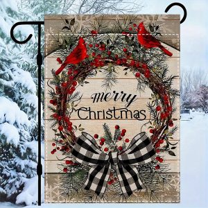 Vintage Cardinal Wreath Christmas Garden Flag, Double-Sided Weatherproof Polyester Burlap, Washable, 12x18 Inch Holiday Yard Decor