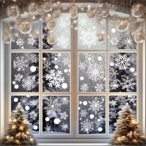 8sheets/ set, 152pcs Snowflake Window Stickers, Christmas Decorations, Winter Door Background Decoration, White Snowflake Electrostatic Glass Stickers