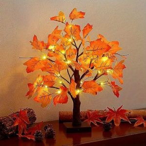 24 LED Maple Leaf Table Tree, Fall Lighted Tree for Indoor/Outdoor Thanksgiving Decor, Autumn Harvest Party Lights