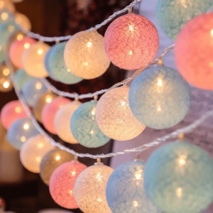 Cotton Thread Ball Light String, Macaron Color LED Lights, Halloween Thanksgiving Christmas Holiday Indoor and Outdoor Decoration Supplies, Total Length 118.11 inch Including 20 Lights, Without Battery