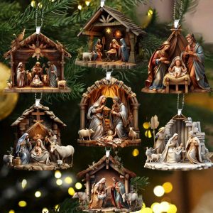 7pcs Nativity Scene Christmas Ornaments Set - Jesus Birth Theme Decor Waterproof Durable Acrylic Hanging Decoration, Classical Style Festival Decorations for Home & Holiday Party, Christian Decoration, New Year Decor, Car Interior, Xmas Tree Decor