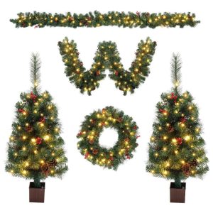 VINGLI Pre-lit Christmas Tree 5-Piece Set with LED Lights, Christmas Garlands, Wreath and Set of 2 Entrance Trees Artificial Christmas Porch Decorations Indoor Outdoor Lighted Decor