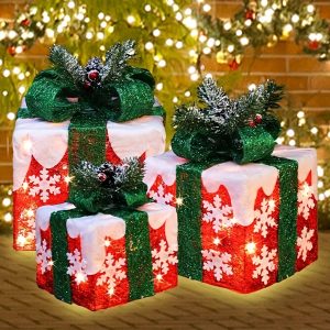 70 LED Christmas Set Of 3 Lighted Gift Boxes Decorations, Warm White Lights With Flasher, Decorative Boxes, Christmas Tree Skirt Ornament For, Holiday, Party, Christmas