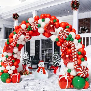 124pcs Christmas Balloon Garland Arch Kit, Christmas Red White Balloons Christmas Candy Cane Balloons Red Star Balloons For Xmas Christmas Party Decorations