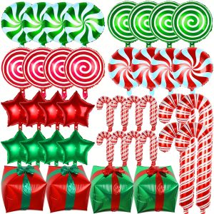 40 PCS Christmas Foil Balloons Candy Cane Balloons Christmas Red And Green Balloons Swirl Gift Box Mylar Foil Balloons For Christmas New Year Party Decorations