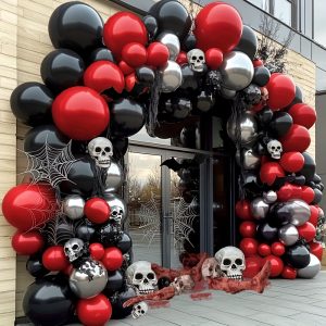 Black Red Balloon Garland, 109pcs Red Black Balloons Red Metallic Silver Balloon Arch Kit For Halloween Vampirina Skull Bloody Hand Nightmare Gothic Vampire Casino Birthday Party Decor