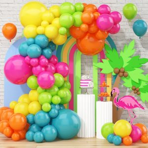 106pcs Tropical Balloon Garland Kit - Vibrant Pink, Lime Green, Orange, Slate Blue & Yellow Latex Balloons for Hawaiian Themed Parties, Birthdays, Proms, Weddings, Bachelorette & Youngsters Showers, Beach Pool Decorations