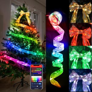 16Ft RGB IC Christmas Ribbon Fairy Lights, APP Controlled Golden Christmas Lights Lighted Ribbon Garland For Christmas Tree Gold Garland Christmas Decorations