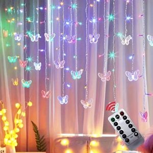 1pc 96LED Butterfly Curtain Light 8 Mode Flashing With Remote Control String Lights Suitable For Halloween Christmas Holiday Decoration Bedroom Patio Wedding Party Layout